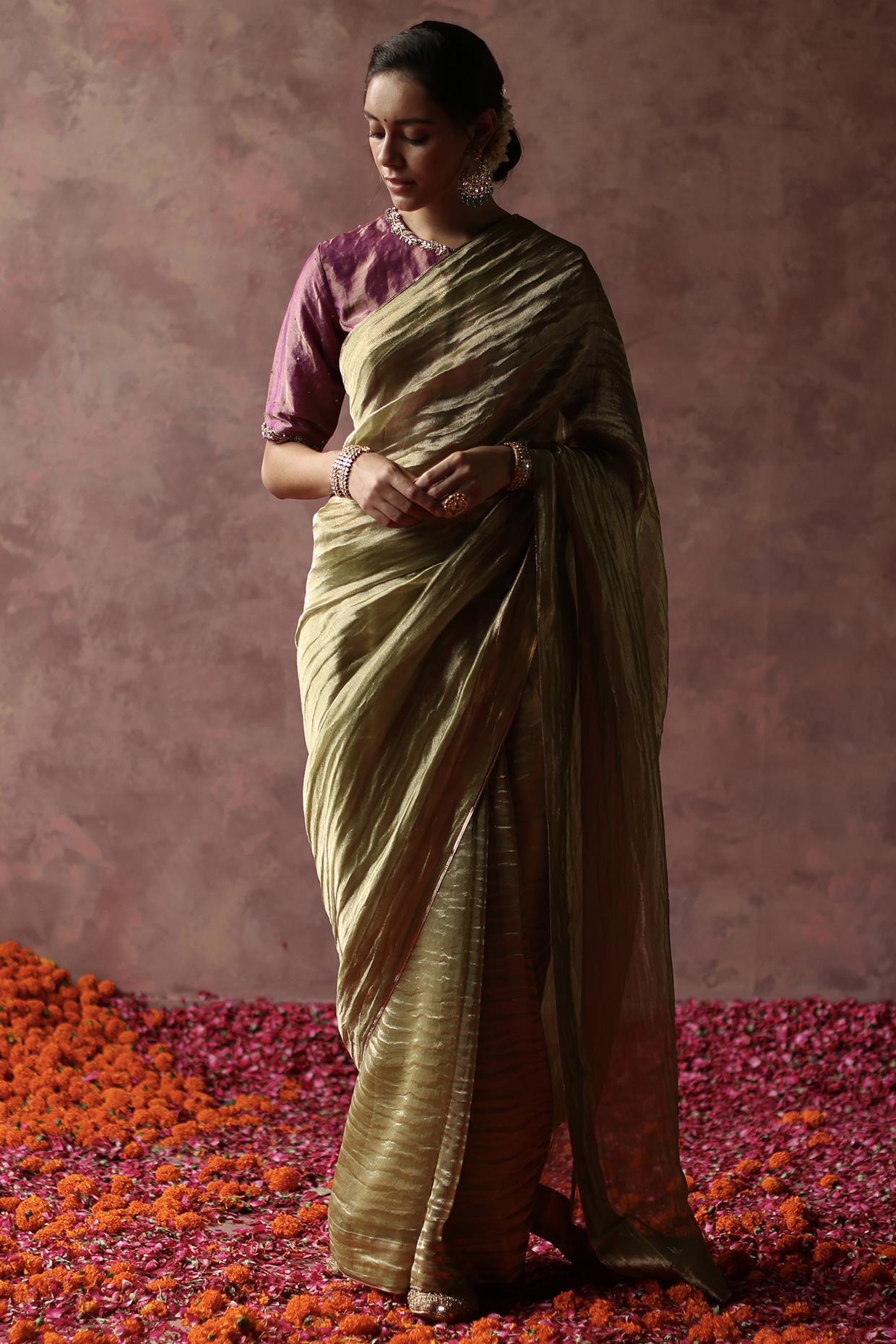 Olive Zari Tissue Party Wear Saree Set by Begum Pret at Pernia's Pop Up Shop
