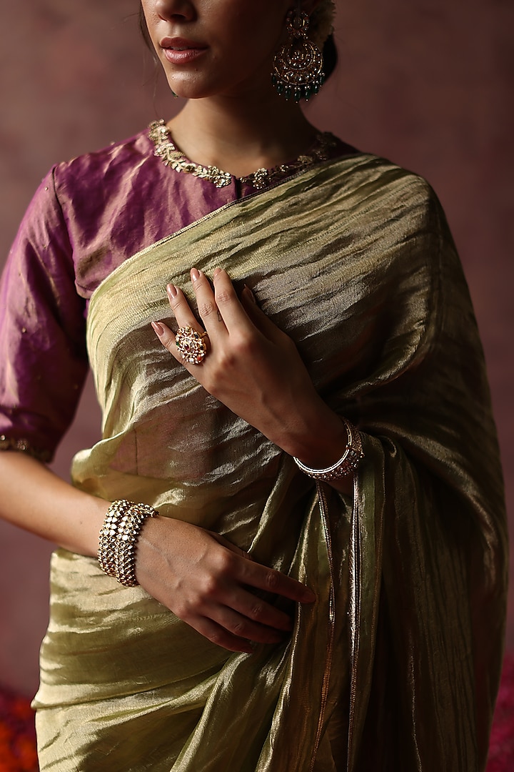 Olive Zari Tissue Wedding Saree Set by Begum Pret at Pernia's Pop Up Shop