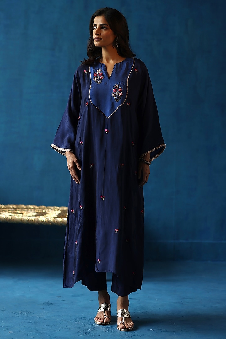 Navy Blue Habutai Silk Hand Embroidered Kurta Set by Begum Pret