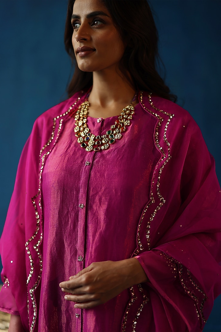 Fuchsia Zari Silk Sequins Hand Embroidered kurta Set by Begum Pret at Pernia's Pop Up Shop