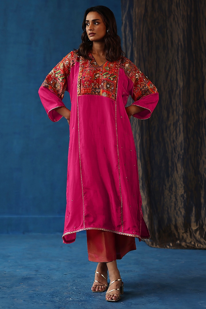 Fuchsia Habutai Silk Hand Embroidered Kurta Set by Begum Pret