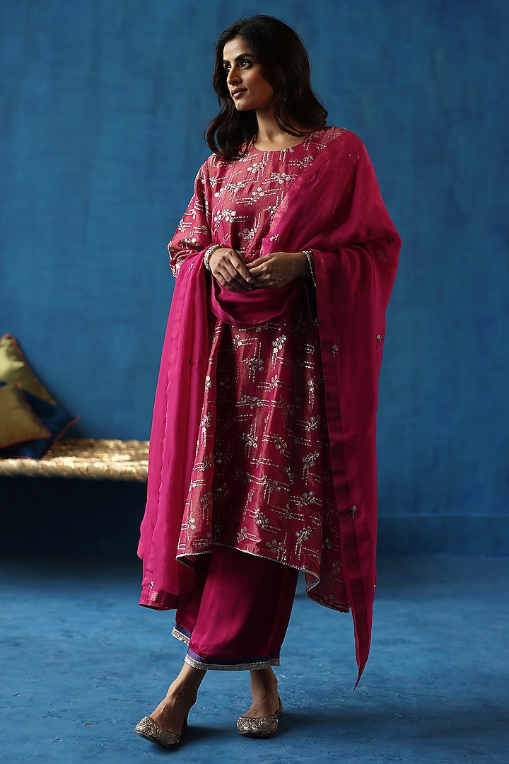 Fuchsia Zari Silk Sequins Work kurta Set by Begum Pret