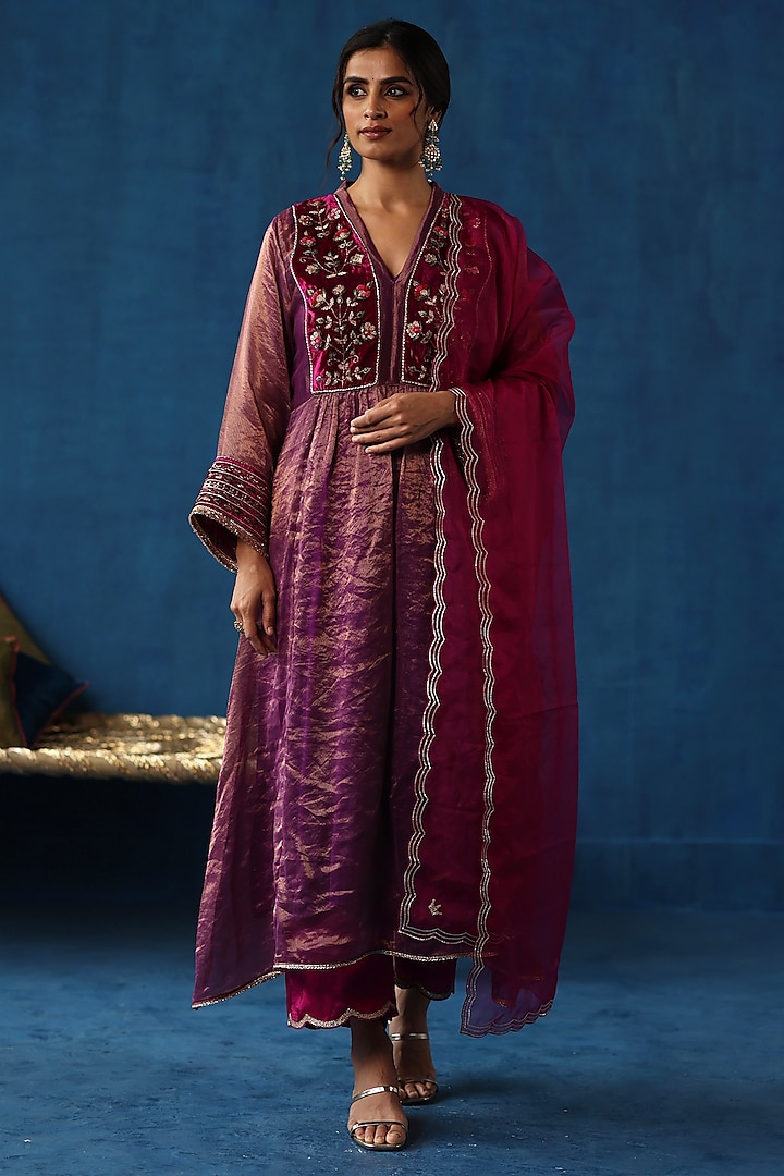 Garnet Red Zari Silk Hand Embellished Kurta Set by Begum Pret at Pernia's Pop Up Shop