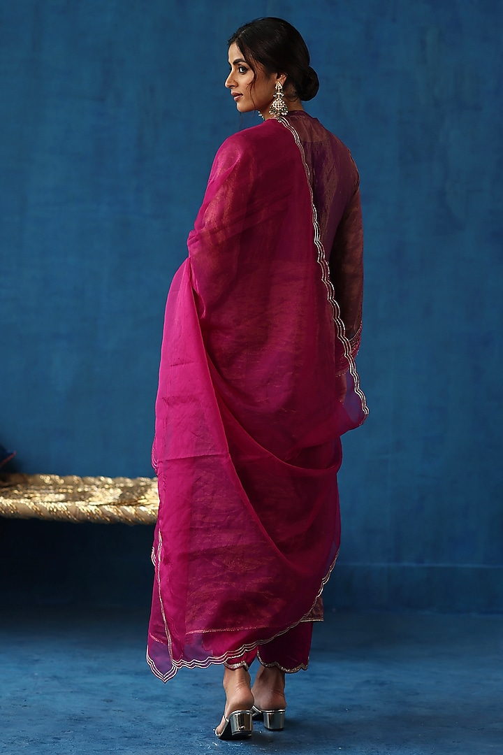 Garnet Red Zari Silk Hand Embellished Kurta Set by Begum Pret at Pernia's Pop Up Shop