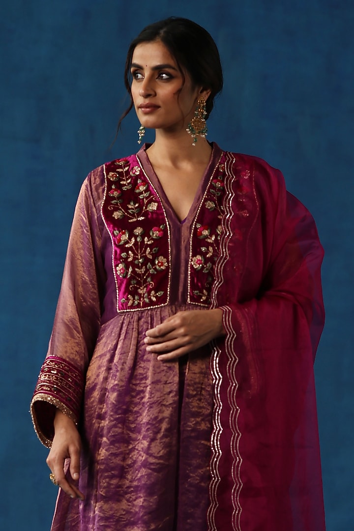 Garnet Red Zari Silk Hand Embellished Kurta Set by Begum Pret at Pernia's Pop Up Shop