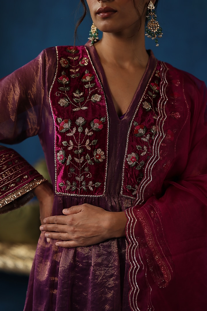 Garnet Red Zari Silk Hand Embellished Kurta Set by Begum Pret at Pernia's Pop Up Shop