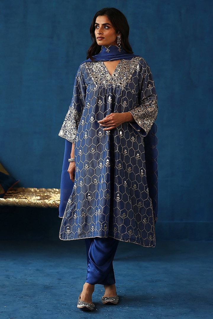 Blue Zari Silk Sequins Work Kurta Set by Begum Pret