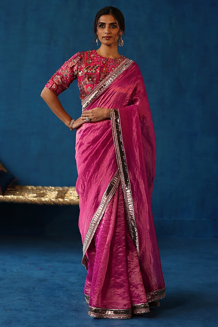 Fuchsia Zari Silk Gota Work Saree Set by Begum Pret at Pernia's Pop Up Shop