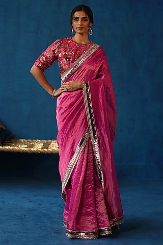 Fuchsia Zari Silk Gota Work Saree Set by Begum Pret