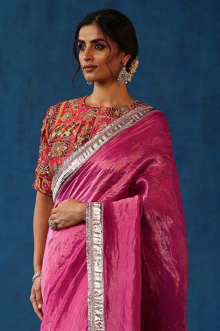 Fuchsia Zari Silk Gota Work Wedding Saree Set by Begum Pret at Pernia's Pop Up Shop