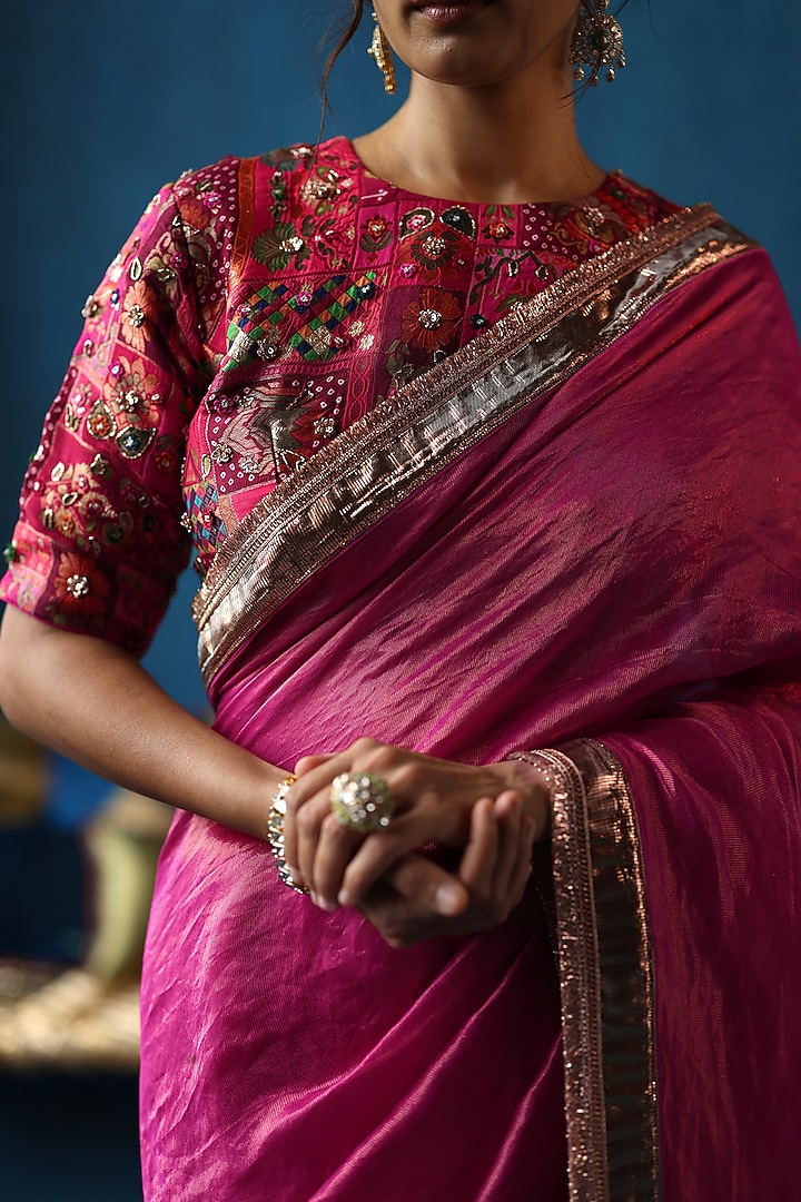 Fuchsia Zari Silk Gota Work Wedding Saree Set by Begum Pret at Pernia's Pop Up Shop