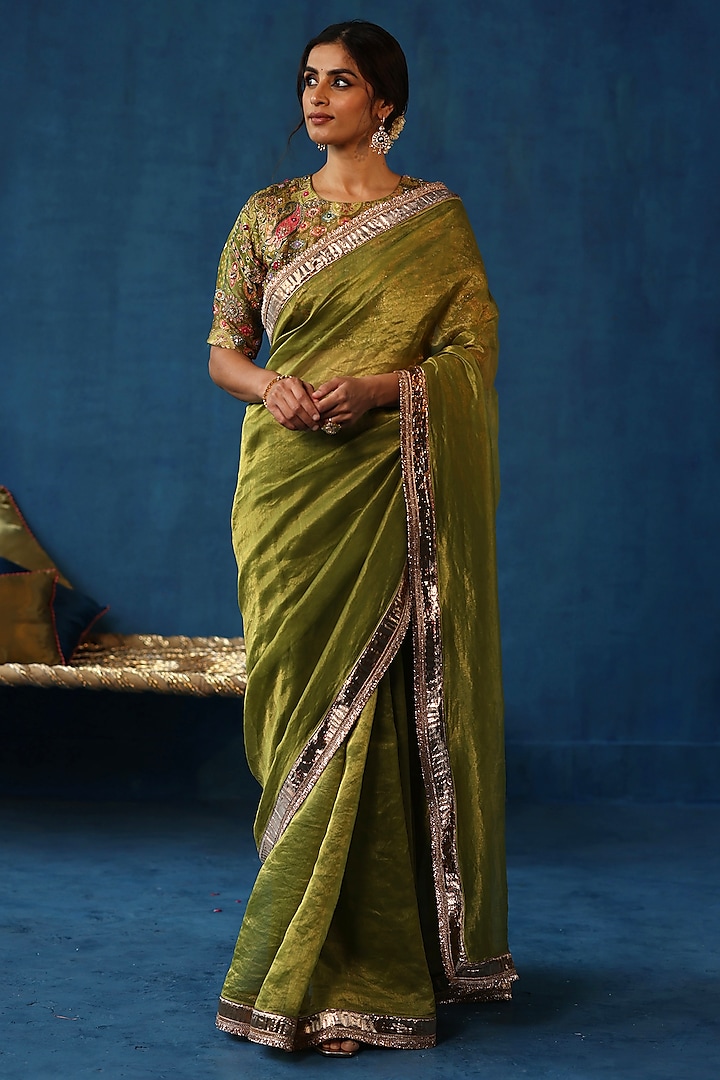 Pista Green Zari Silk Gota Work Saree Set by Begum Pret