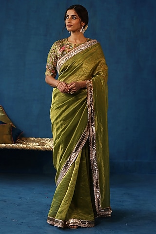 Pista Green Zari Silk Gota Work Saree Set by Begum Pret