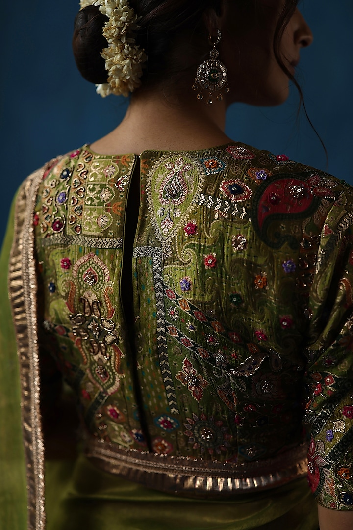 Pista Green Zari Silk Gota Work Wedding Saree Set by Begum Pret at Pernia's Pop Up Shop
