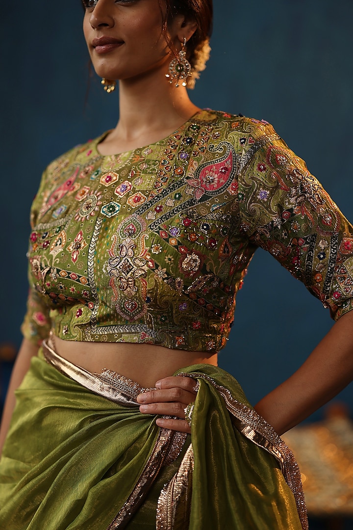 Pista Green Zari Silk Gota Work Wedding Saree Set by Begum Pret at Pernia's Pop Up Shop