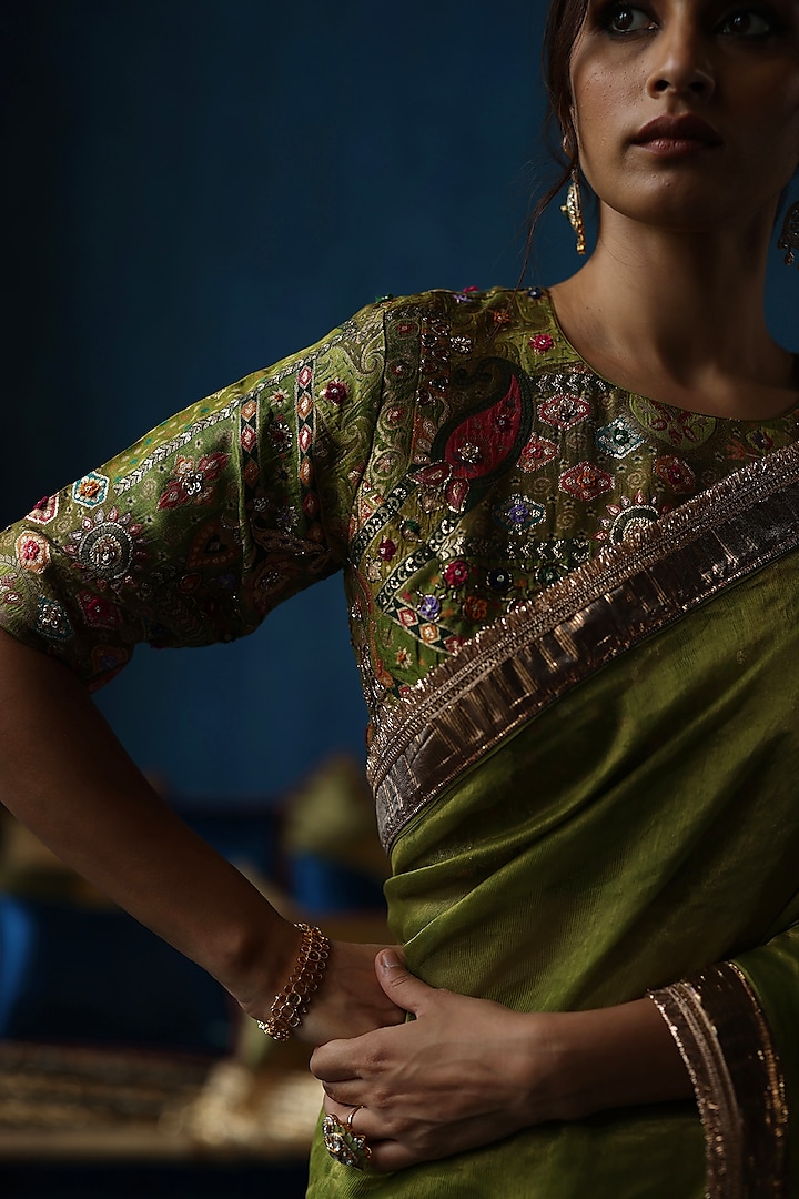 Pista Green Zari Silk Gota Work Wedding Saree Set by Begum Pret at Pernia's Pop Up Shop