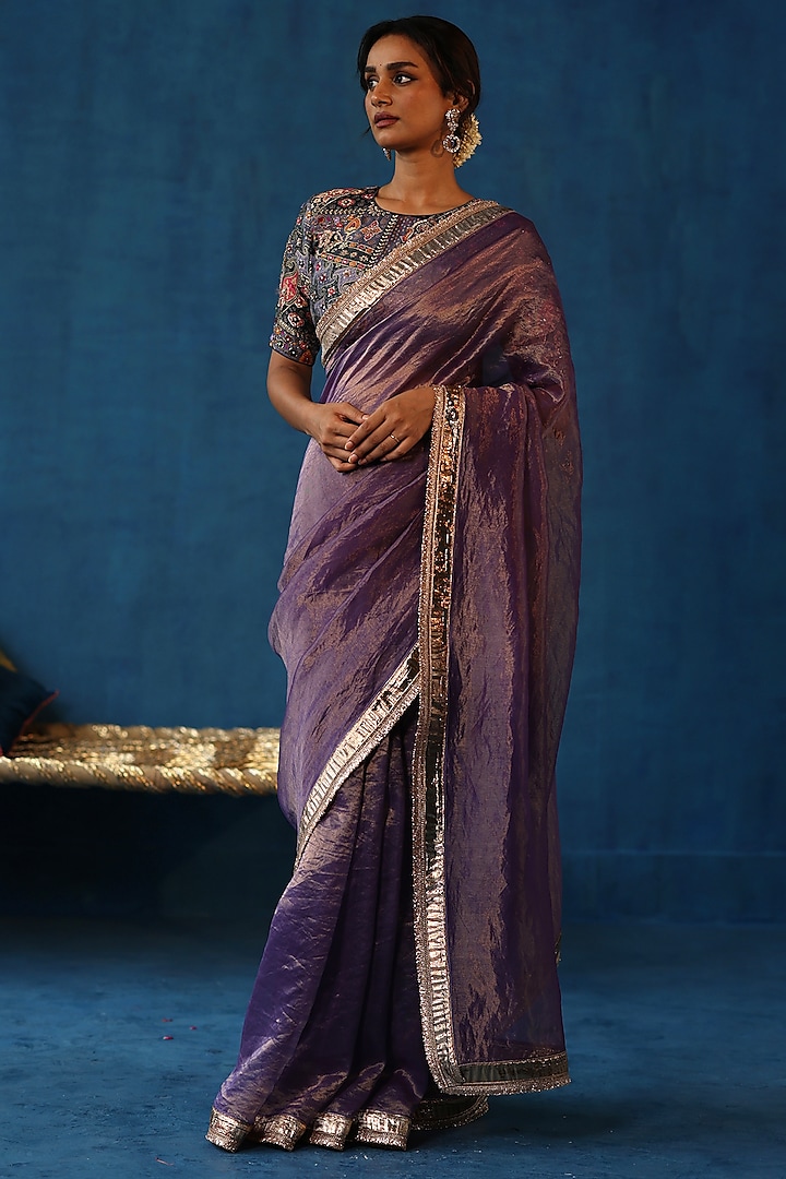 Purple Zari Silk Gota Work Saree Set by Begum Pret