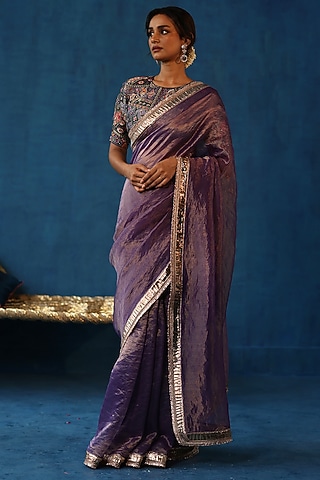 Purple Zari Silk Gota Work Saree Set by Begum Pret