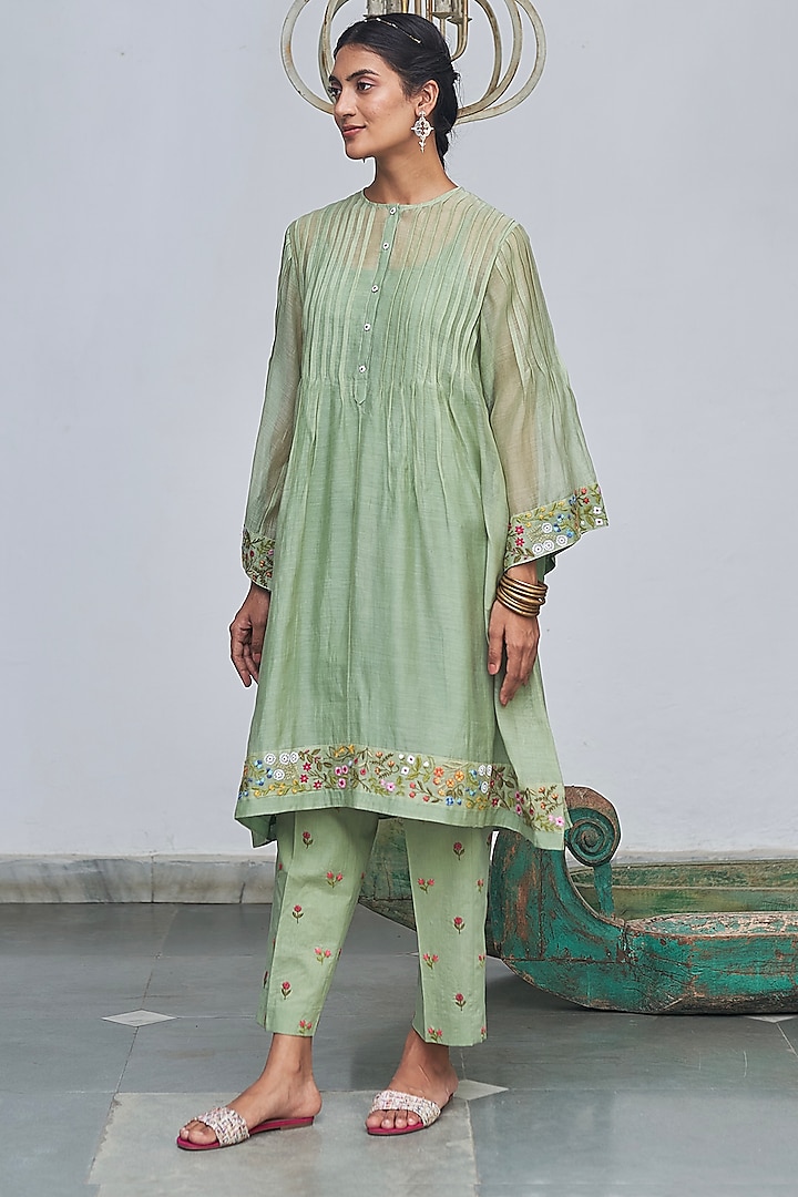 Sage Green Embroidered A-Line Kurta Set by Begum Pret