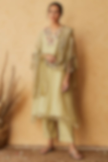 Light Olive Embroidered Kurta Set by Begum Pret at Pernia's Pop Up Shop