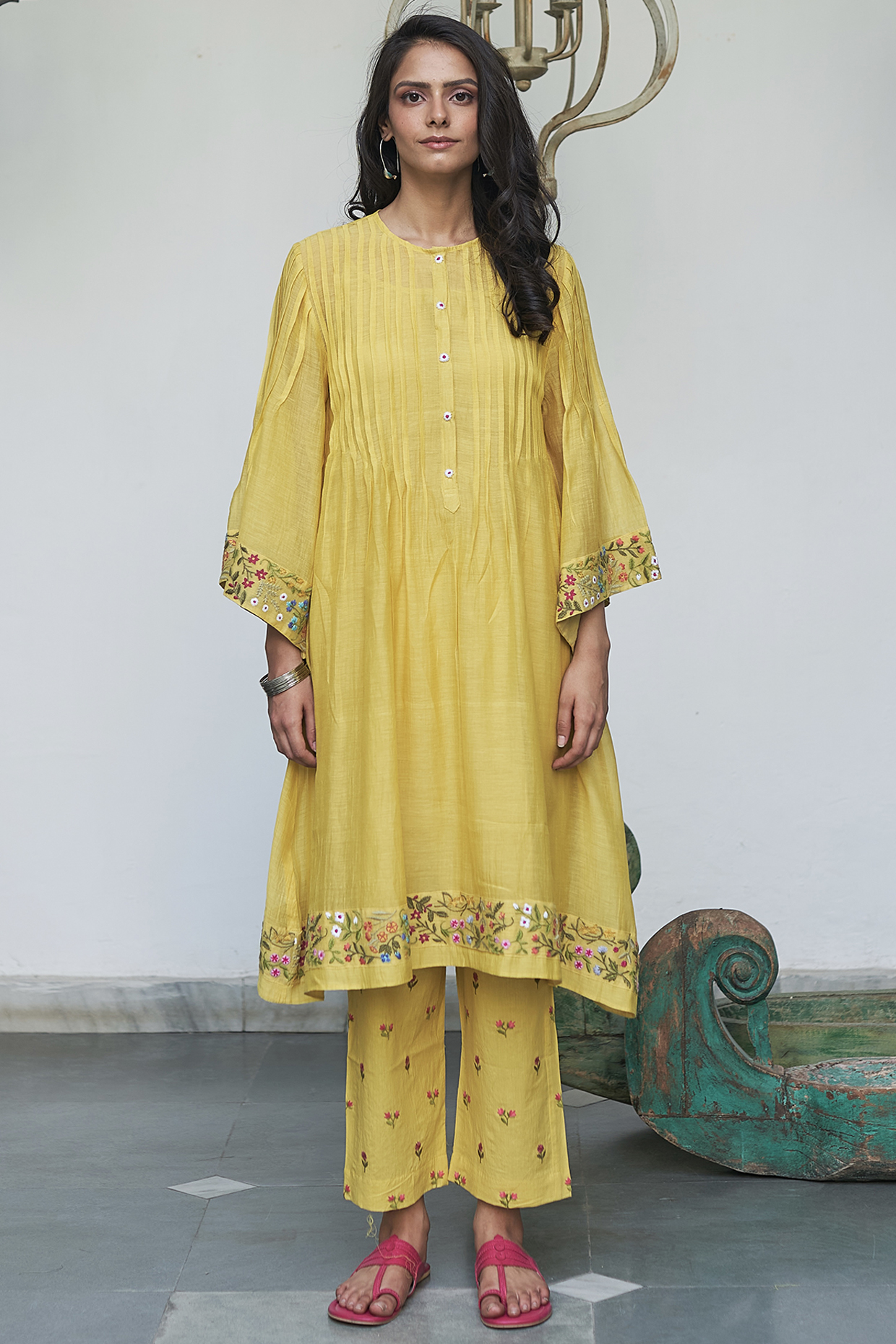 Yellow Embroidered A-Line Kurta Set by Begum Pret at Pernia's Pop Up Shop