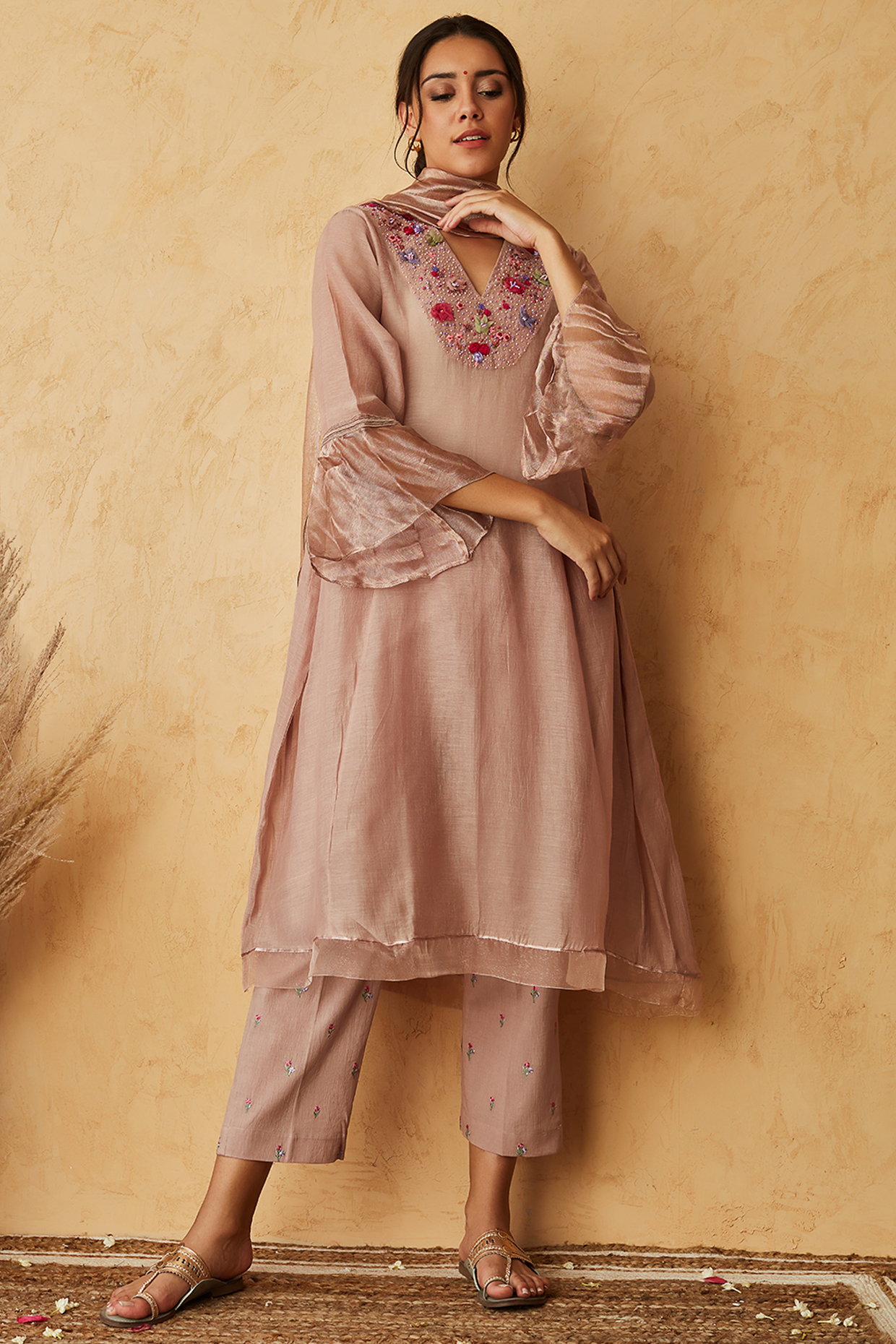 Copper Hand Embroidered Kurta Set by Begum Pret