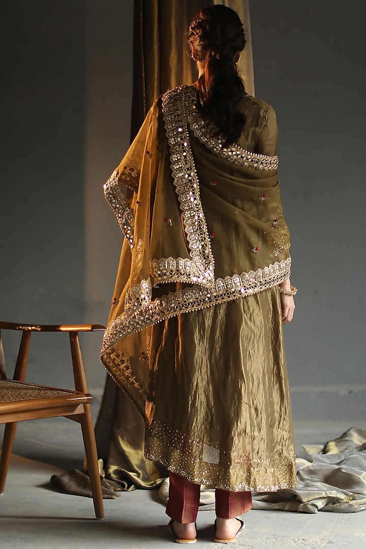 Deep Olive Hand Embroidered Asymmetrical Kurta Set by Begum Pret at Pernia's Pop Up Shop