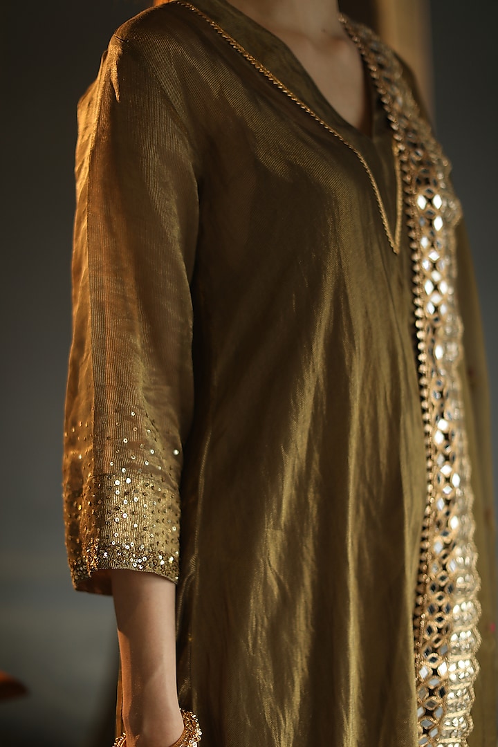 Deep Olive Hand Embroidered Asymmetrical Kurta Set by Begum Pret at Pernia's Pop Up Shop