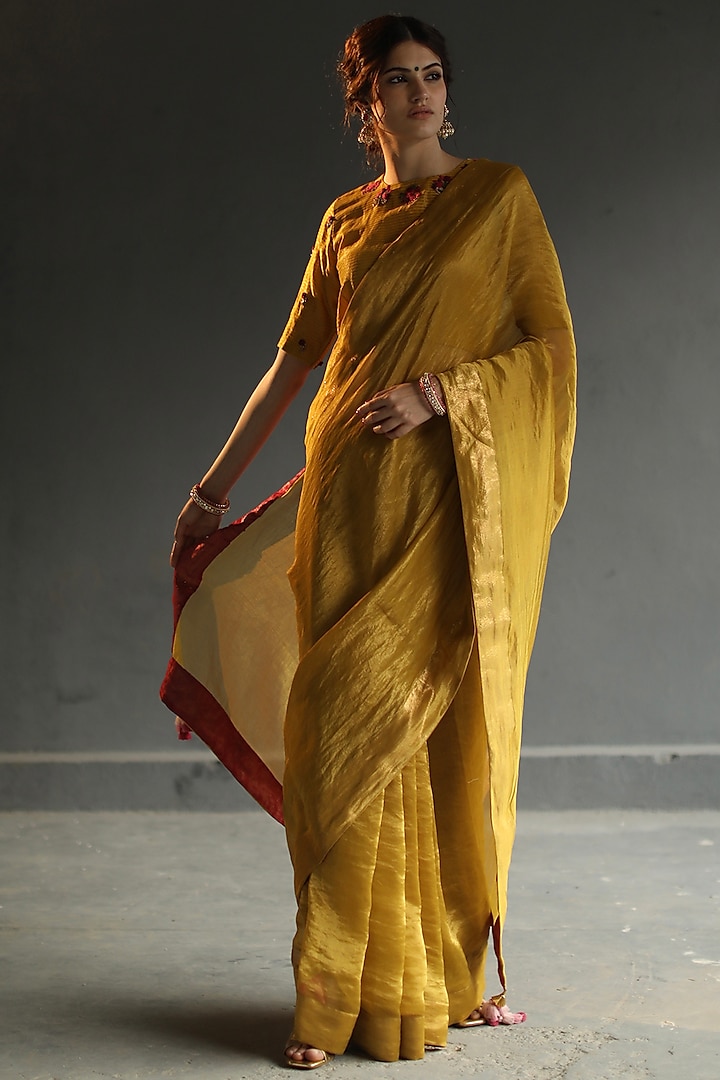 Mustard Hand Embroidered Saree Set by Begum Pret