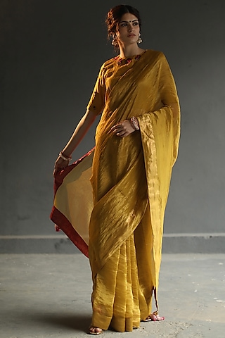 Mustard Hand Embroidered Saree Set by Begum Pret
