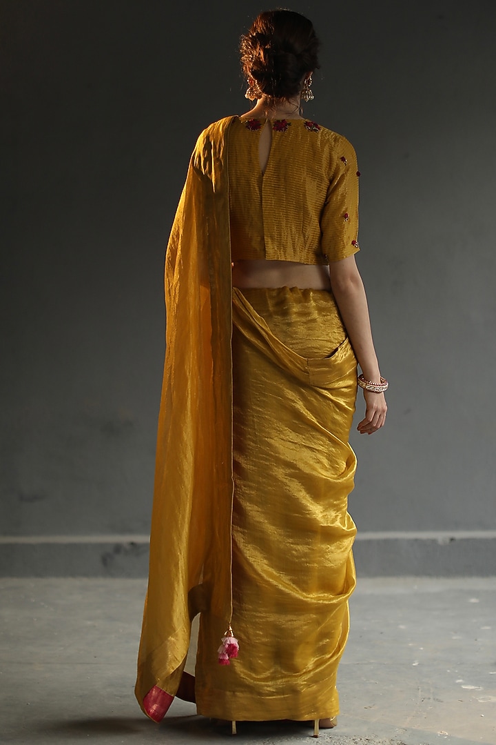 Mustard Hand Embroidered Party Wear Saree Set by Begum Pret at Pernia's Pop Up Shop
