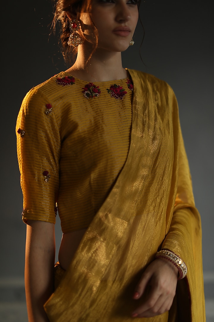 Mustard Hand Embroidered Party Wear Saree Set by Begum Pret at Pernia's Pop Up Shop