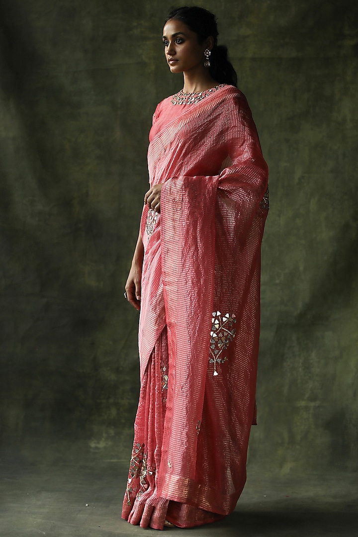 Peach Embroidered Saree Set by Begum Pret
