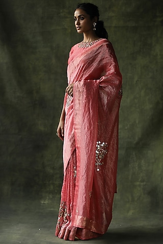 Peach Embroidered Saree Set by Begum Pret