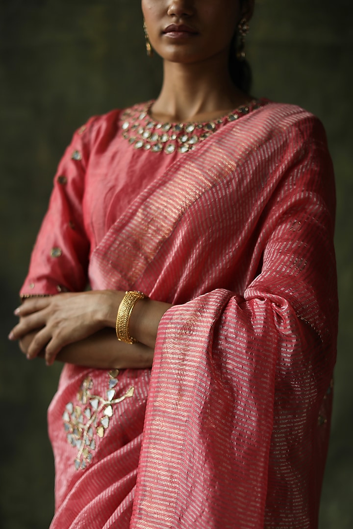 Peach Embroidered Wedding Saree Set by Begum Pret at Pernia's Pop Up Shop