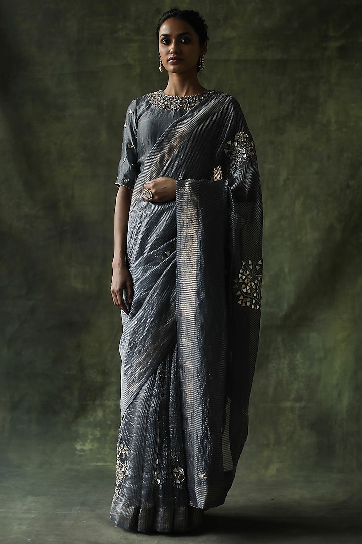 Slate Grey Embroidered Saree Set by Begum Pret