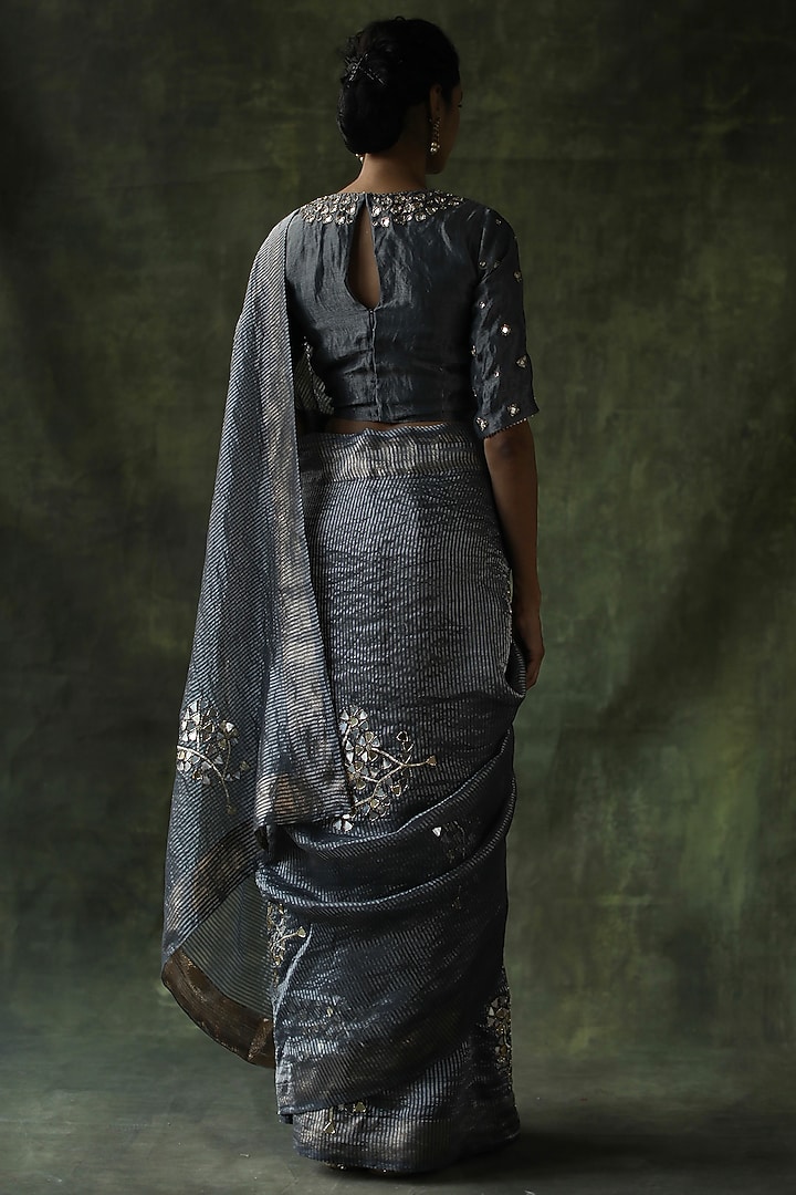 Slate Grey Embroidered Wedding Saree Set by Begum Pret at Pernia's Pop Up Shop