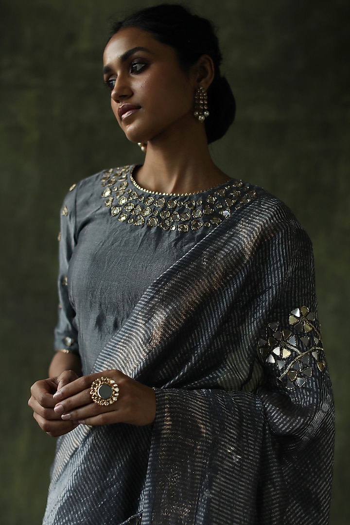 Slate Grey Embroidered Wedding Saree Set by Begum Pret at Pernia's Pop Up Shop