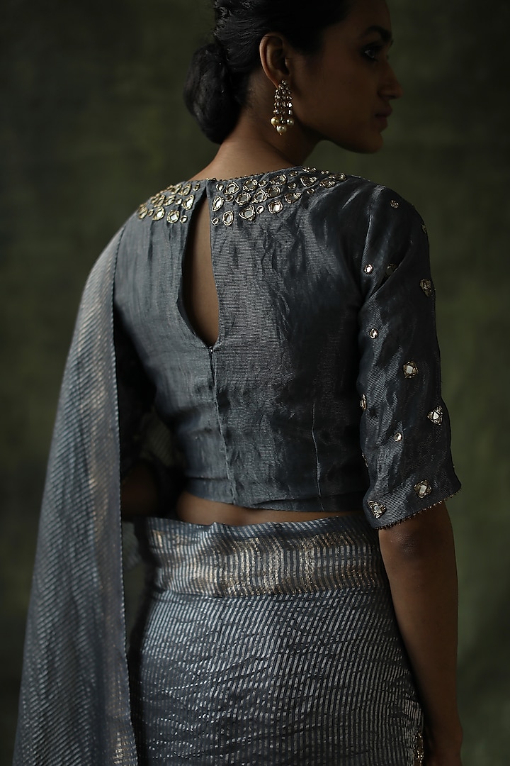Slate Grey Embroidered Wedding Saree Set by Begum Pret at Pernia's Pop Up Shop