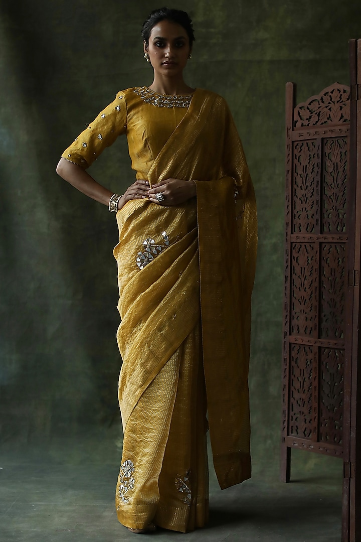 Mustard Embroidered Saree Set by Begum Pret