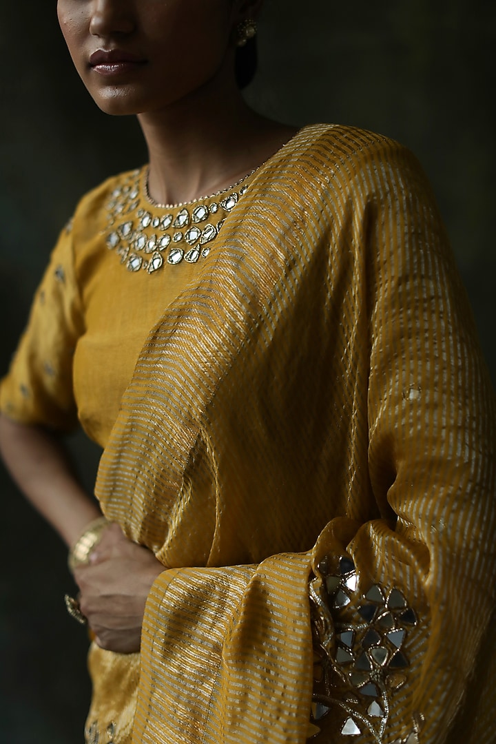 Mustard Embroidered Wedding Saree Set by Begum Pret at Pernia's Pop Up Shop