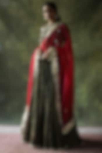 Olive Green Crinkled Silk Wedding Lehenga Set by Begum Pret at Pernia's Pop Up Shop