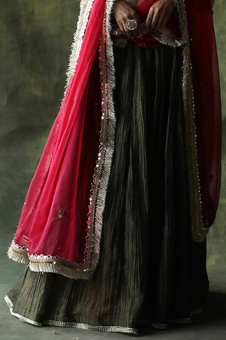 Olive Green Crinkled Silk Wedding Lehenga Set by Begum Pret at Pernia's Pop Up Shop