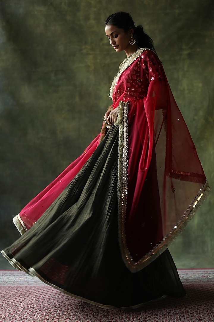 Olive Green Crinkled Silk Wedding Lehenga Set by Begum Pret at Pernia's Pop Up Shop