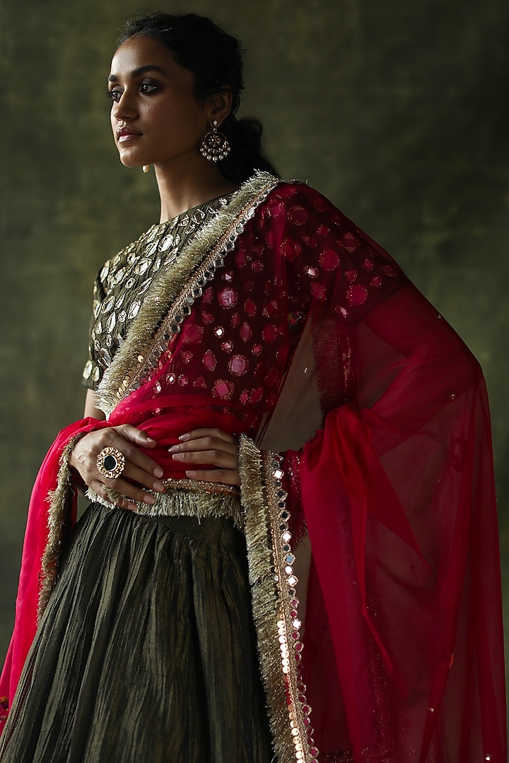 Olive Green Crinkled Silk Wedding Lehenga Set by Begum Pret at Pernia's Pop Up Shop