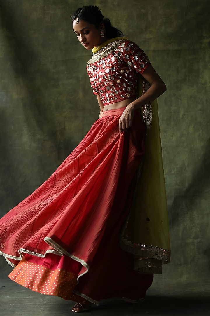 Magenta Pink Crinkled Silk Wedding Lehenga Set by Begum Pret at Pernia's Pop Up Shop
