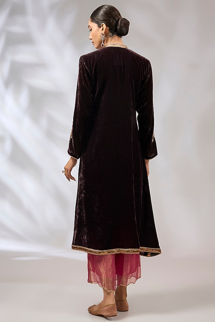 Purple Velvet Zardosi Work A-Line Kurta Set by Begum Pret at Pernia's Pop Up Shop