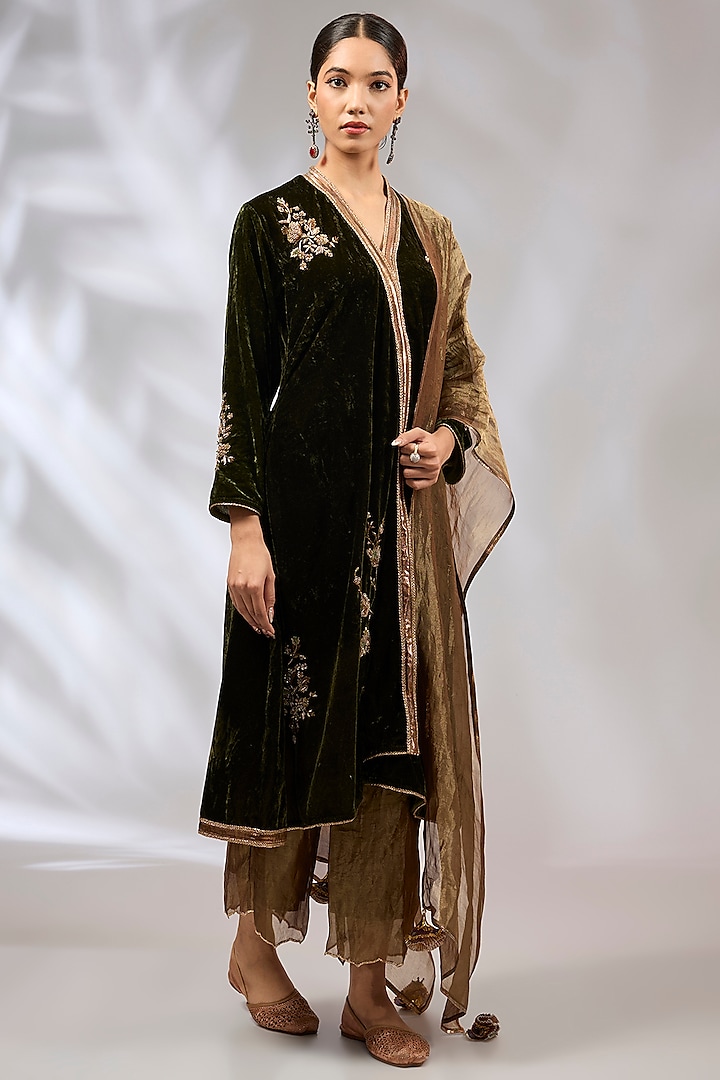 Olive Green Velvet Zardosi Work A-Line Kurta Set by Begum Pret at Pernia's Pop Up Shop