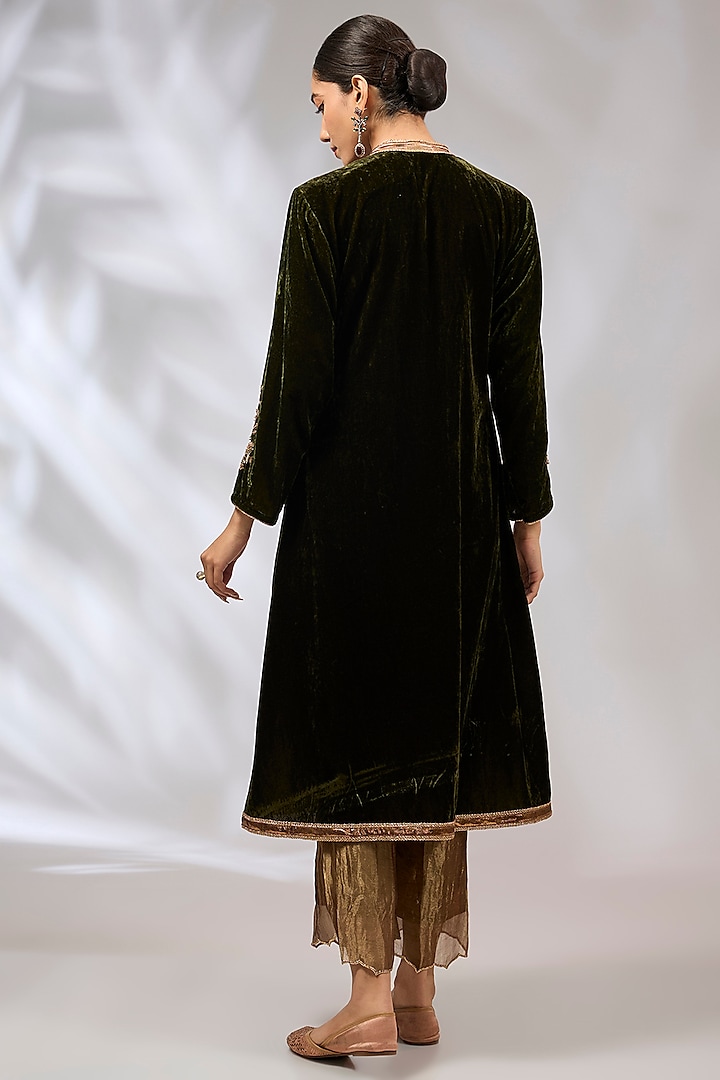 Olive Green Velvet Zardosi Work A-Line Kurta Set by Begum Pret at Pernia's Pop Up Shop