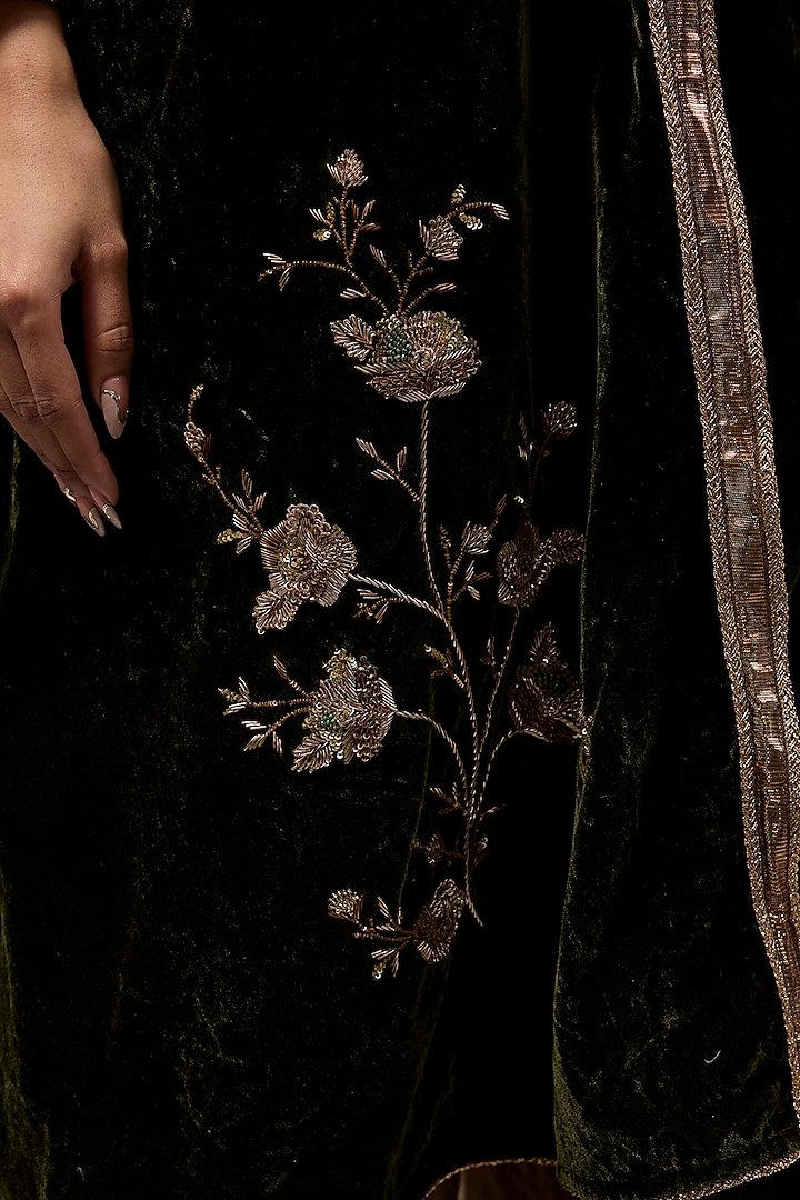 Olive Green Velvet Zardosi Work A-Line Kurta Set by Begum Pret at Pernia's Pop Up Shop